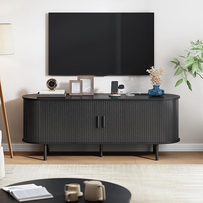 63" TV Stand with Power Outlet, Modern Media Console with Sliding Doors, Entertainment Center for TVs up to 60 Inch, Adjustable Shelves, Black-CasaMuseHome