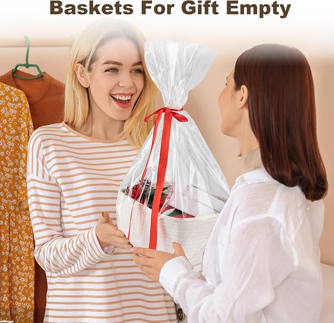 3 Pack Small Storage Baskets for Organizing, Cute Woven Decorative Gift Baskets for Shelves, Mini Closet Organizer Bins with Handles, 11.81''Lx7.87''Wx4.72''H-White-CasaMuseHome