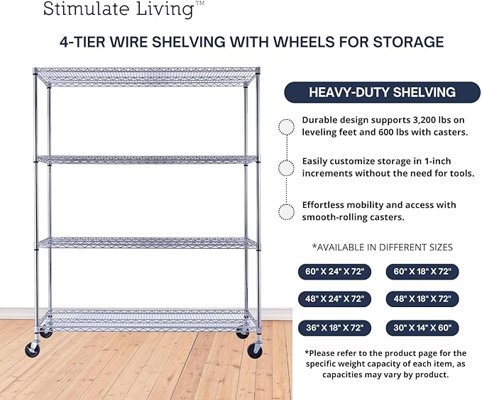 60"x18"x72" Prime Heavy Duty Chrome 4-Tier Wire Shelving NSF 3200 LBS MAX Capacity Storage Rack for Commercial, Hospital, School, Garage, and Kitchen Uses (with Wheels)-CasaMuseHome