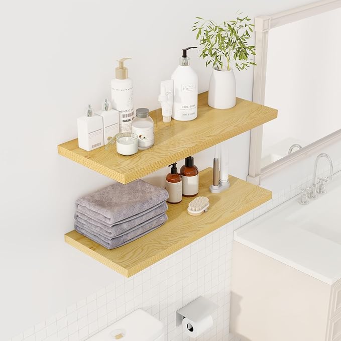 32" Floating Shelves for Wall, 12" Deep Slim Oak Floating Shelves, Wall-Mounted Shelves for Bedroom, Living Room, Kitchen, Bathroom - Set of 2-CasaMuseHome