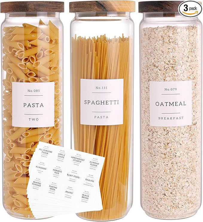 3 Set Glass Pantry Storage Jars with Acacia Airtight Lid - 50oz Thicken Glass Kitchen Canisters with 132 Pantry Labels - Tall Food Storage Containers with Wood Lid for Pasta,Spaghetti,Cereal-CasaMuseHome