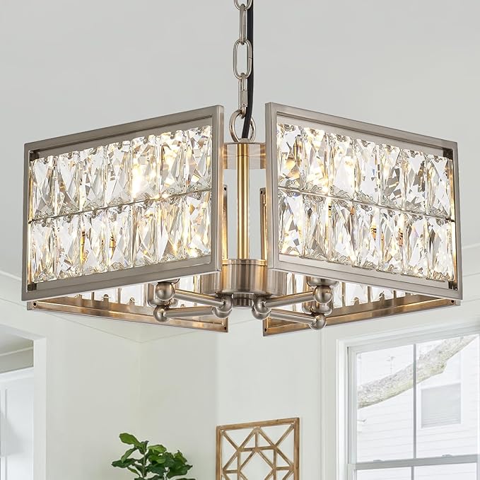 12” 4-Light Modern Crystal Chandeliers Nickel Dinning Room Light Fixture, Square Pendant Light Kitchen Island Chandelier, Flush Mount Ceiling Light for Living Room Entryway Bedroom Foyer-CasaMuseHome
