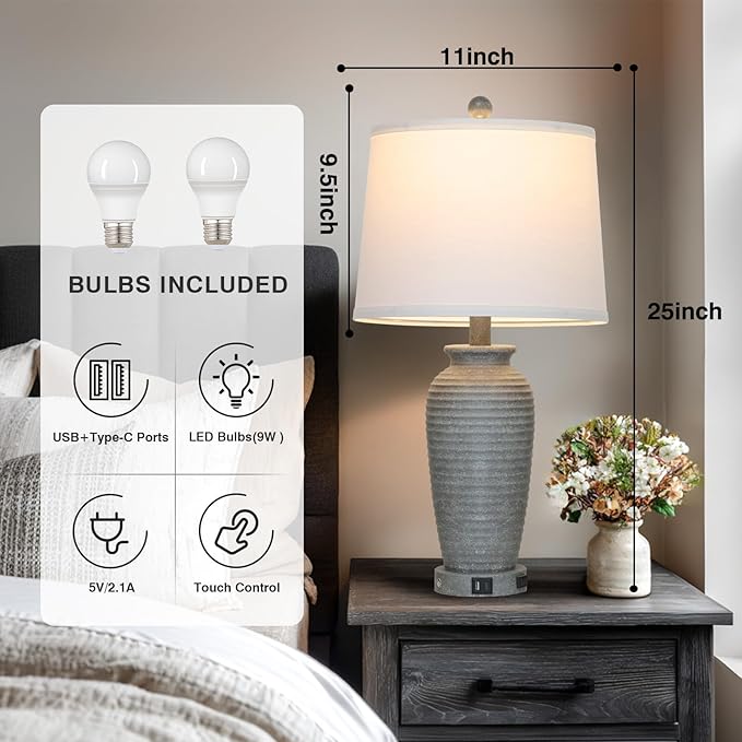 25" Grey Vintage Table Lamp Set of 2 Farmhouse Jar Table Lamps for Living Room，Touch Bedside Lamps with USB A+C Ports & AC Outlet, Pot Nightstand Lamps for Bedroom Living Room (LED Bulbs Included)-CasaMuseHome