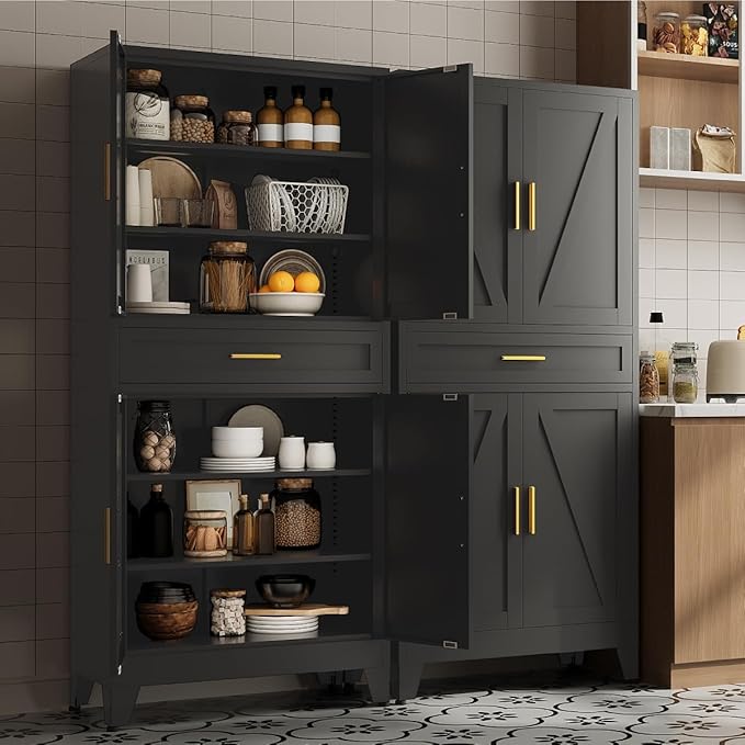 71 "Farmhouse Metal Filing Cabinet with a Drawer and 4 Adjustable Shelves, with 4 Large barn Door White Kitchen Cabinets, Metal Food Cabinets for Home, Kitchen, Dining/Living Room (Black)-CasaMuseHome