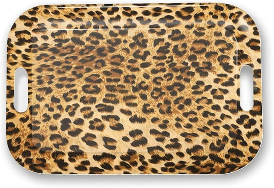 Serving Trays with Handles, 14.5 x 9.8 inch Rectangular Plastic Tray for Restaurant, Kitchen, Brown Leopard-CasaMuseHome