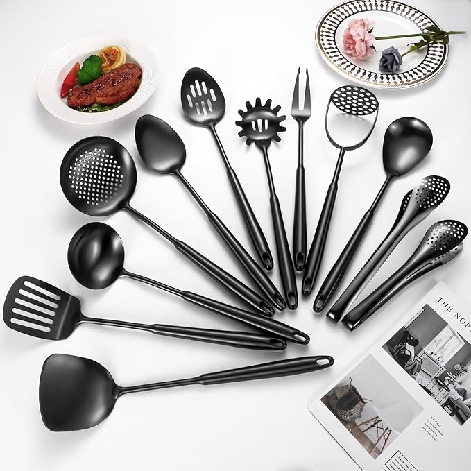 304 Stainlss Steel Matte Kitchen Utensils Set, 12 Pcs Long Metal Cooking Utensil Gadgets Tools Set with Spatula, Ladle, Spoon, Ladle, Skimmer, Tunner, Pasta Server, Tongs(Black, Dishwasher Safe)-CasaMuseHome