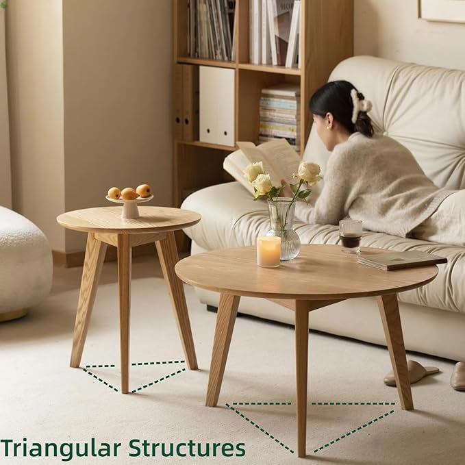 100% Solid Oak Wood Coffee Table Set, Round Coffee Table Combo Side Table w/Solid Wood Legs, Mid Century Table Sturdy Tables for Bedroom Balcony Living Room (Natural, Big-Medium Combo)-CasaMuseHome