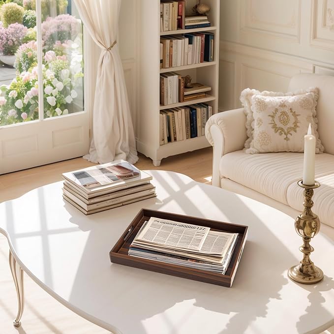 Acacia Wood Serving Tray with Handles, 17 Inch Wooden Tray for Ottoman, Breakfast, Lunch, Dinner, Decorative Rectangular Tray for Living Room, Kitchen Counter, Outdoor-CasaMuseHome