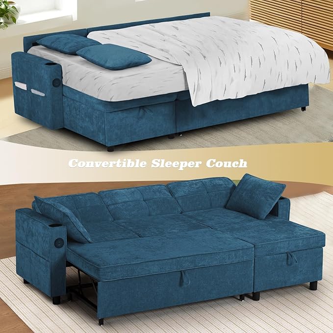 84 Inches Chenille Sectional Sofa w/Pull-Out Sofa Bed & Adjustable Back, Tufted L-Shaped Couch w/Storage Chaise, Sleeper Sectional Sofa w/USB Port & Cup Holders for Living Room, Blue-CasaMuseHome