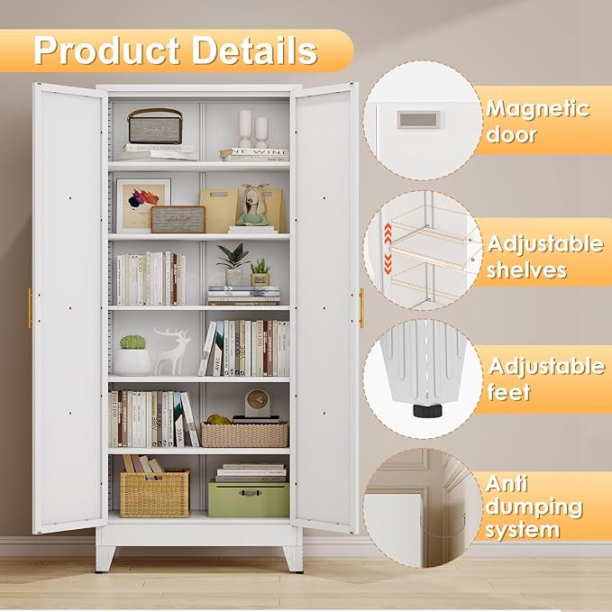 75" Tall Metal Kitchen Pantry Storage Cabinet, Freestanding Cupboard with 2 Doors and 5 Adjustable Shelves, Standing Storage for Kitchen, Bathroom, Garage, Dinning Room or Utility Room（White）-CasaMuseHome