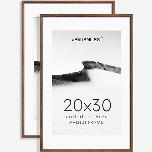20x30 Poster Frame Set of 2 Natural Solid Walnut Photo Frames with 16x24 Removable Mat Wall Hanging Large Handcrafted Frame with HD Plexiglass Wall and Tabletop Display Large Picture Frame-CasaMuseHome