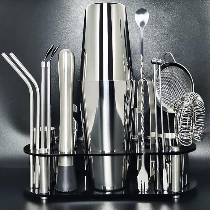 22-Piece Cocktail Shaker Set, 25/20oz Bartender Kit, Bartending Stainless Steel Bar Tools Sets for Drink Mixing, Boston Cocktail Shakers with Stand Recipes Booklet (Siver 25-20oz)-CasaMuseHome