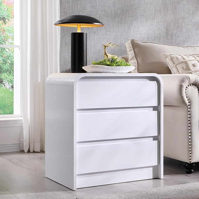 25" Tall Modern Nightstand with Charging Station, 23.6'' Wide Wood Bedside Table w/3 Storage Drawers, Small Dresser w/Curved Profile Design, End Table for Bedroom, White-CasaMuseHome