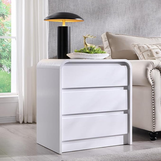 25" Tall Modern Nightstand with Charging Station, 23.6'' Wide Wood Bedside Table w/3 Storage Drawers, Small Dresser w/Curved Profile Design, End Table for Bedroom, White-CasaMuseHome