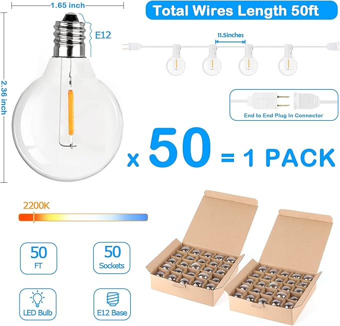50FT LED G40 Globe String Lights White, Shatterproof Outdoor Patio String Lights 2200K with 50+2 Dimmable Edison Bulbs, Backyard Outdoor Hanging Lights, Bistro Waterproof for Balcony Party Wedding-CasaMuseHome