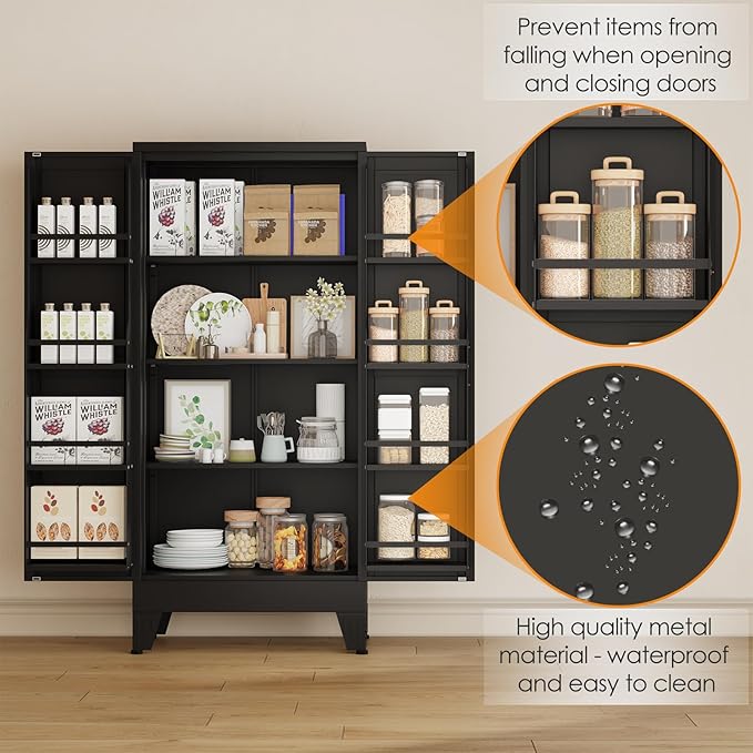51" Kitchen Pantry Cabinet, Metal Storage Cabinet with 3 Adjustable Layer Shelves, 8 Door Shelves, Buffet Sideboard for Living Room, Kitchen, Black-CasaMuseHome
