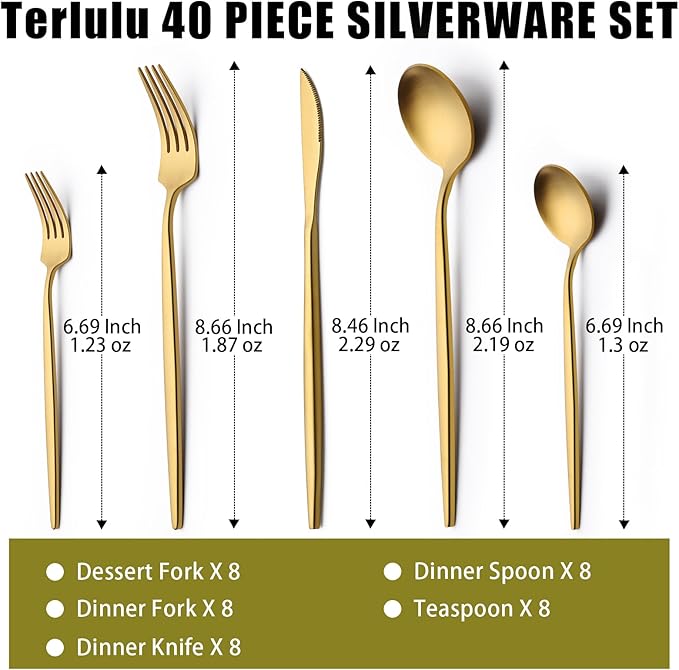 40 Piece Gold Silverware Set for 8, Terlulu Stainless Steel Flatware Set, Gold Cutlery Set Utensils Set, Tableware Include Forks Knives Spoons for Home Kitchen Restaurant Wedding, Satin Finish-CasaMuseHome