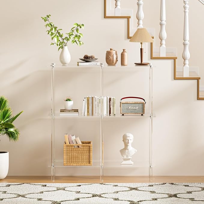 Acrylic Console Table, 29.53" Modern Entryway Table with Storage Shelves, 3 Tier Layer Storage for Foyer, Living Room, Clear.-CasaMuseHome