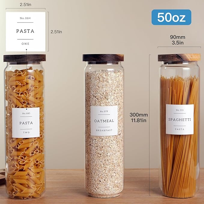 3 Set Glass Pantry Storage Jars with Acacia Airtight Lid - 50oz Thicken Glass Kitchen Canisters with 132 Pantry Labels - Tall Food Storage Containers with Wood Lid for Pasta,Spaghetti,Cereal-CasaMuseHome