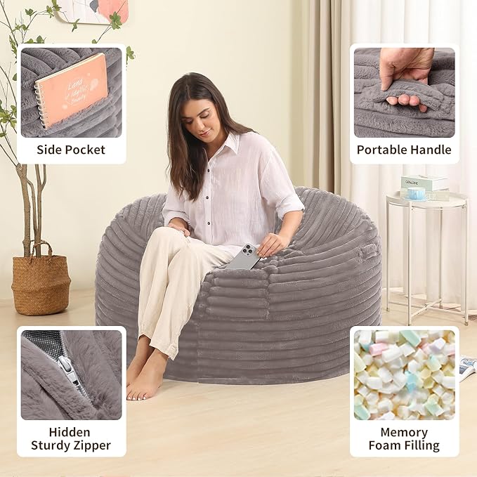 3FT Memory Foam Bean Bag Chair for Adults/Teens, Bean Bag Sofa with Fluffy Removable Cover, for Living Room Bedroom, Grey-CasaMuseHome