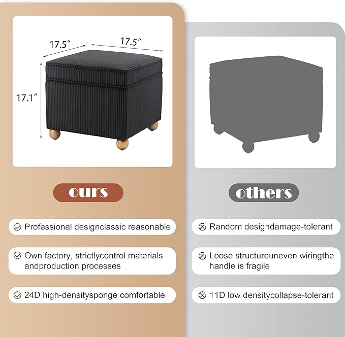 Adeco 17 Inch High Striped Flannel Black Cube Ottoman Storage, 3D Embossed Velvet Chair Foot Stools, Upholstered Vanity Stool with Hinged Lid, Solid Round Wood Legs-CasaMuseHome