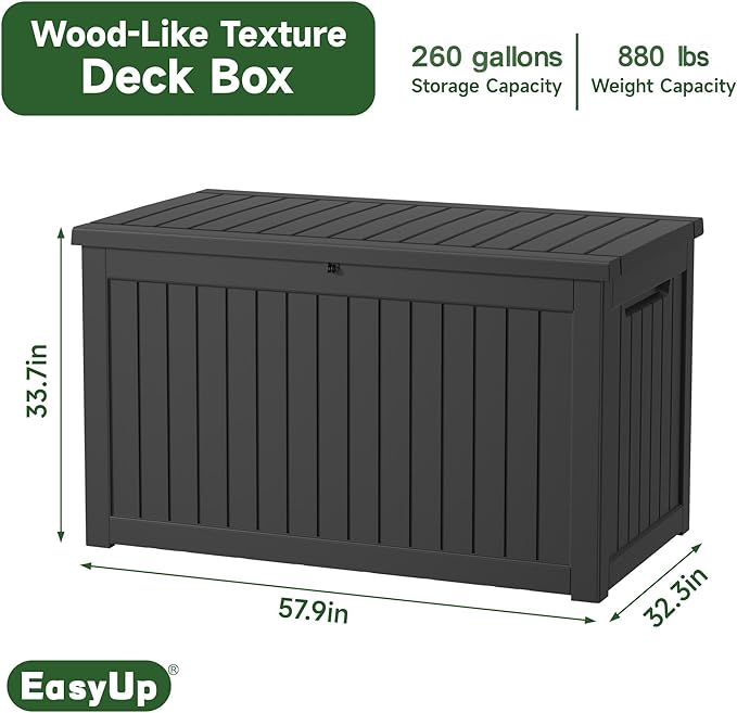 260 Gallon Outdoor Storage Box Waterproof, UV Resistant Resin Deck Box with Hydraulic Rod, Lockable Design and Enhanced Durability for Patio, Garden, and Poolside Use-CasaMuseHome