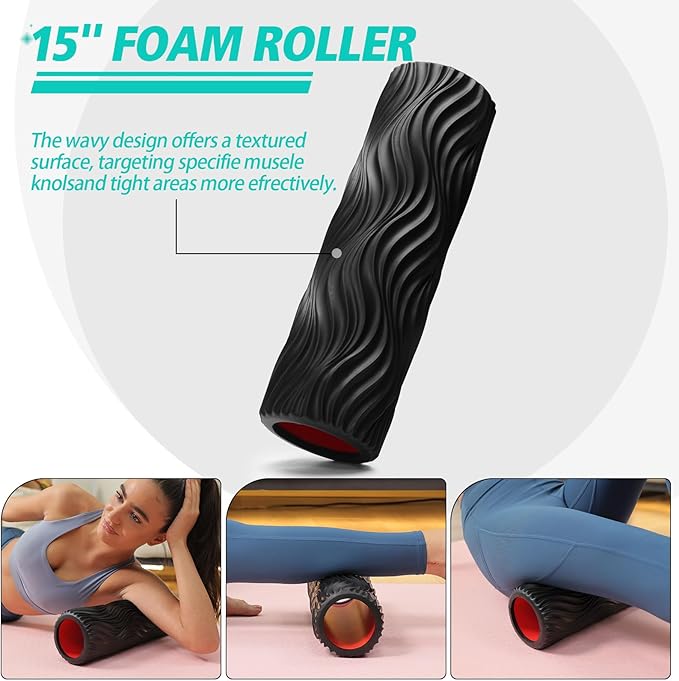 5-in-1 Foam Roller Set, Massage Roller Stick, Massage Ball, Resistance Band for Deep Muscle Massage, Trigger Point Release, Pilates, Yoga (Black-Wave)-CasaMuseHome