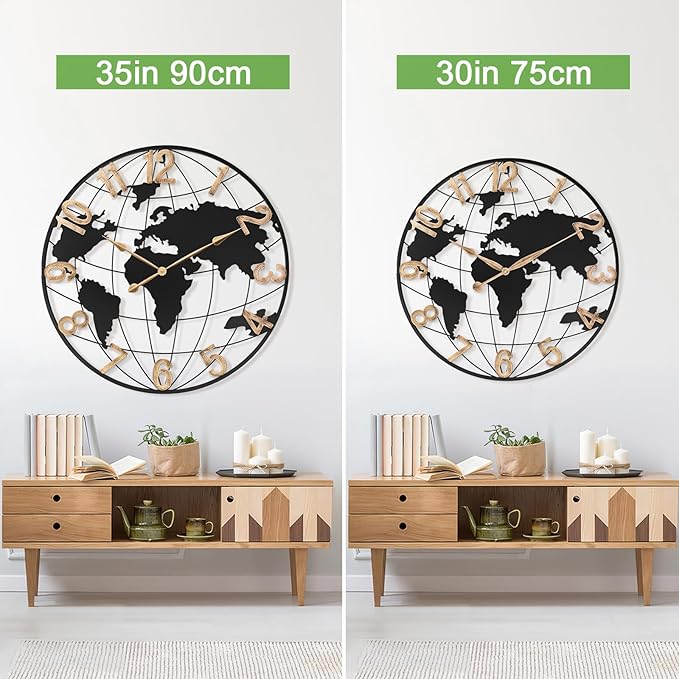 36 Inch Extra Giant Oversized Black Metal Wall Clock,Large Modern Decorative Silent World Map Wall Clock with Vintage Gold Arabic Numeral for Living Room,Entrance Fireplace,Dining Room Decor-CasaMuseHome
