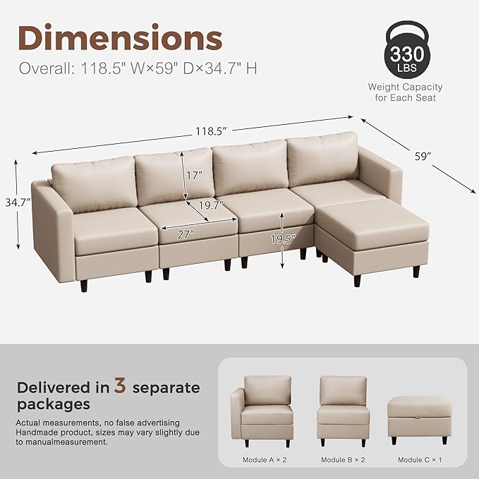 118.5" Faux Leather Modular Sectional Sofa, L Shaped Couch Set for Living Room, 5-Seater Comfy Cloud Couches with Movable Storage Ottoman,DIY Combination - Whitesand-CasaMuseHome