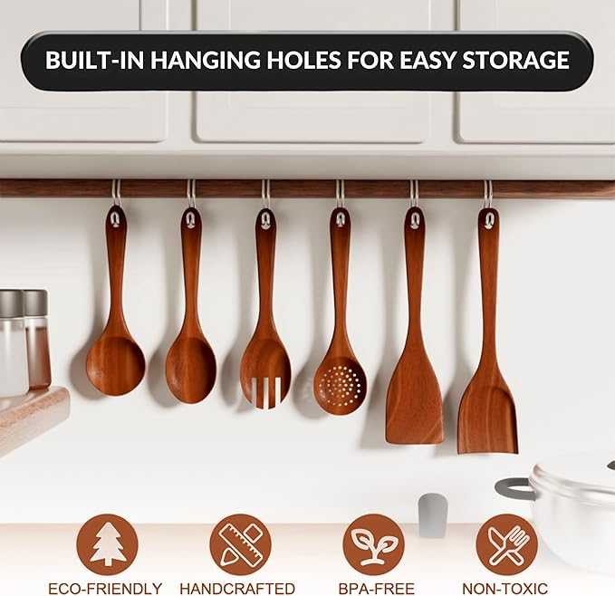 6-Piece Acacia Wood Cooking Utensil Set – Wooden Kitchen Pan Toolset for Nonstick Cookware – Includes Spoons & Spatulas – Non-Scratch, Eco-Friendly Cooking Tools – Everyday Use - Lifetime Replacements-CasaMuseHome