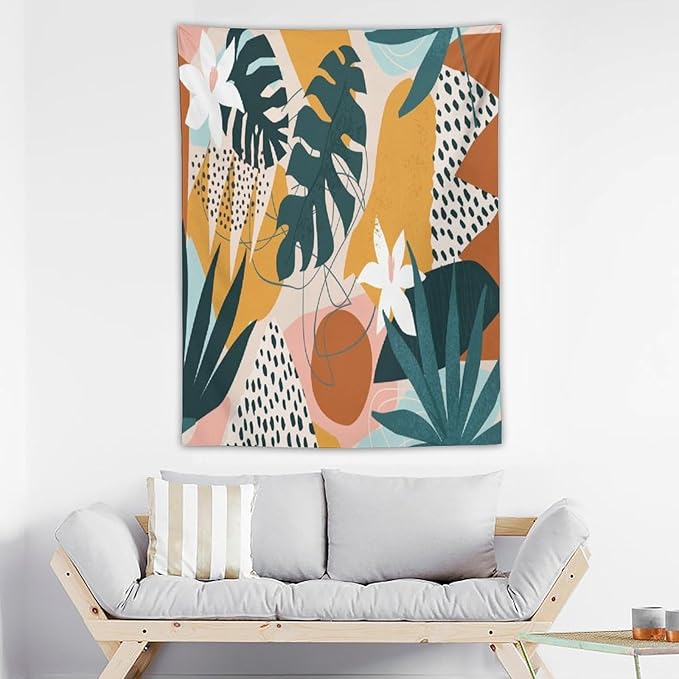 Abstract Bohemian Mid Century Tapestry, Tropical Leaves Modern Geometric Archway Minimalist Bohemian Botanical Aesthetic Wall Hanging, Sage Green Gold Home Decor Art for Bedroom 30x40 Inch-CasaMuseHome
