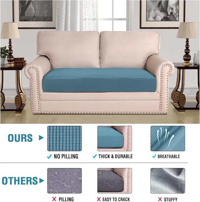 H.VERSAILTEX Super Stretch Individual Seat Cushion Covers Sofa Covers Couch Cushion Covers Slipcover Sets Thick Jacquard Textured Twill Fabric (1 Piece Loveseat Cushion Cover, Storm Blue)-CasaMuseHome