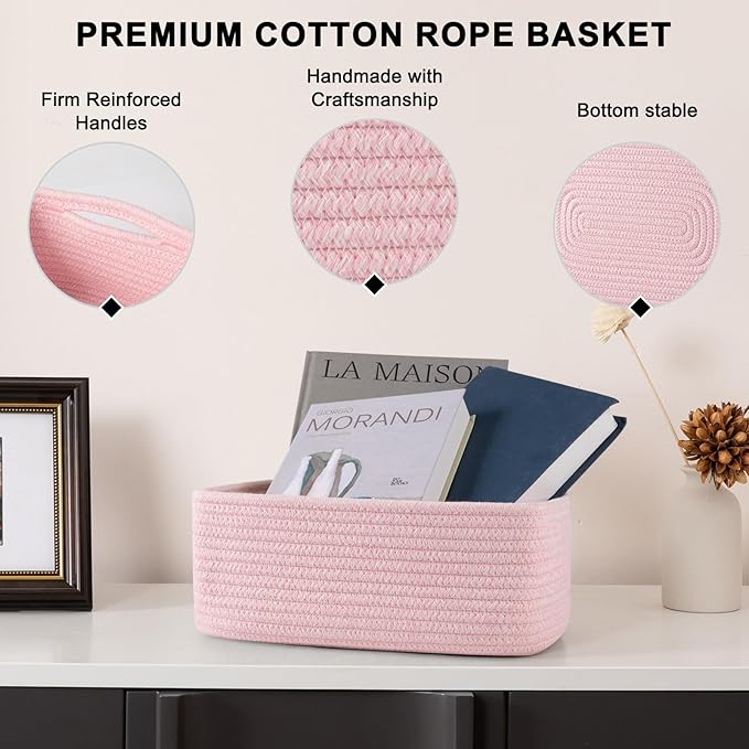 4 Pack Small Storage Shelf Baskets for Organizing, Mini Woven Rope Storage Bins for Towels, Cute Decorative Closet Organizer，Baby Nursery, Gift Empty Baskets -11.81''Lx7.87''Wx4.72''H-Pink-CasaMuseHome