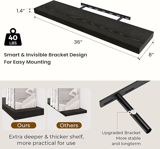 36 inch Floating Shelves Wall Shelves for Office with Invisible Brackets, 8 inch Deep Shelves for Bathroom, Living Room, Kitchen, Office, 36x7.9 inch deep Set of 2, Black-CasaMuseHome