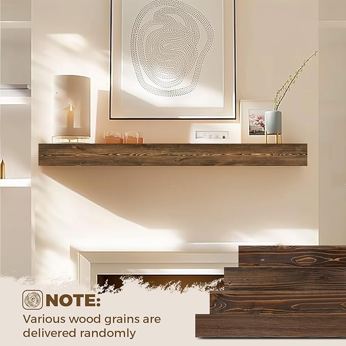 48x8x3 Fireplace Mantel - Handcrafted Hollow Rustic Solid Wood Wall Mounted Floating Shelf with Invisible Heavy Duty Wood Bracket (Weathered Brown)-CasaMuseHome