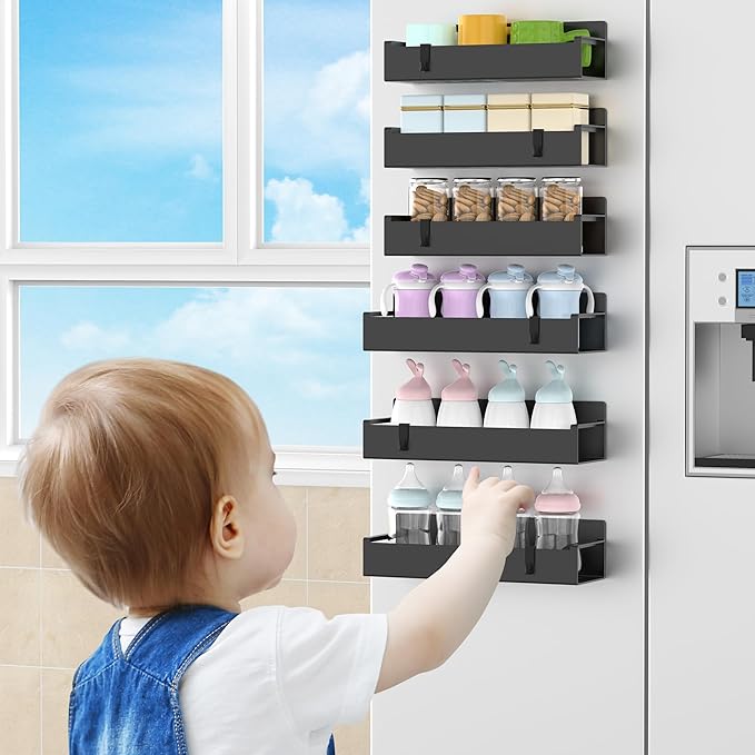6 Pack Magnetic Spice Rack Organizer for Refrigerator and Oven, Black Fridge Organizers and Storage for Kitchen-CasaMuseHome
