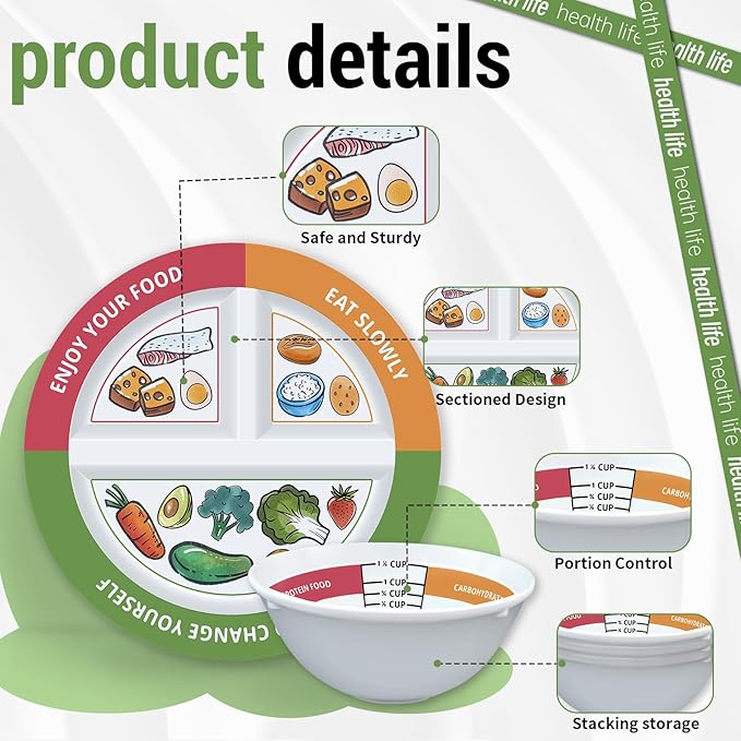 4 Pcs Portion Control Plates & Bowls Set (9 Inch), Self-Measuring for Weight Loss, Gastric Bypass, LapBand, Diabetes, & Healthy Diets, Divided Nutrition Plates for Adults & Children-CasaMuseHome