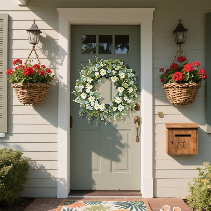 24 Inch Wreaths for Front Door, Large Spring Summer Artifiical Wreath with Blue White Daisy Flower, All Season Floral Wreaths for Porch Window Wall Decor Outside Indoor Outdoor Decorations-CasaMuseHome