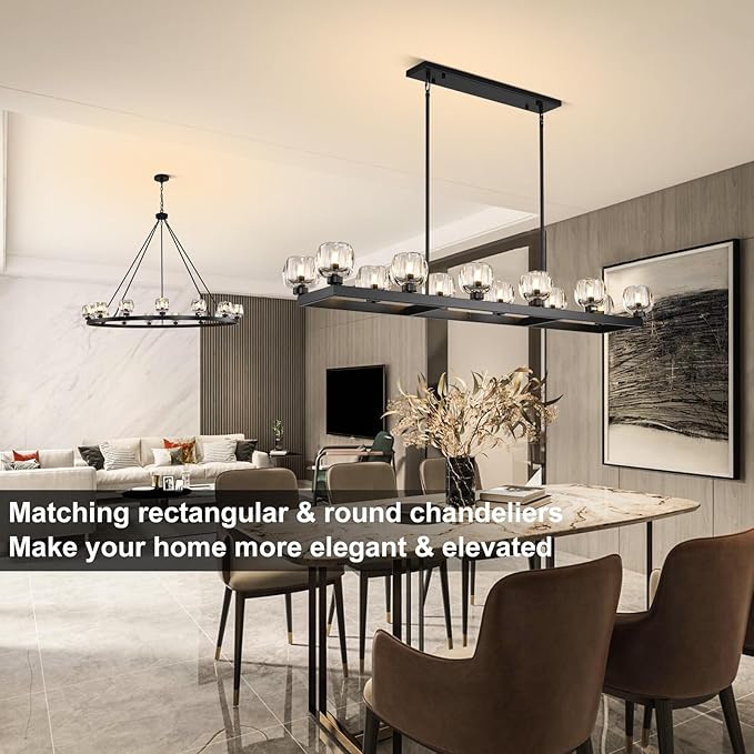 59 Inch Black Rectangle Wagon Wheel Chandeliers, Black Chandelier for Dining Room Over Table, Modern Crystal Long Chandelier, Farmhouse Large Linear Chandeliers for Kitchen Island-CasaMuseHome