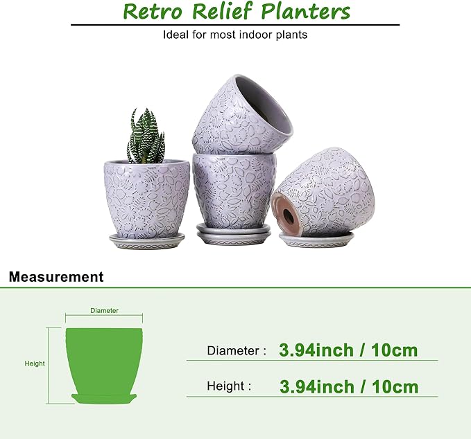 4 Inch Retro Ceramic Planter Set of 4 with Drainage Hole and Saucer for Plants, Indoor-Outdoor Small Garden Pots for Succulent, Herb and Flower (Fits Inner Pots Up to 3 Inch, Retro Purple)-CasaMuseHome