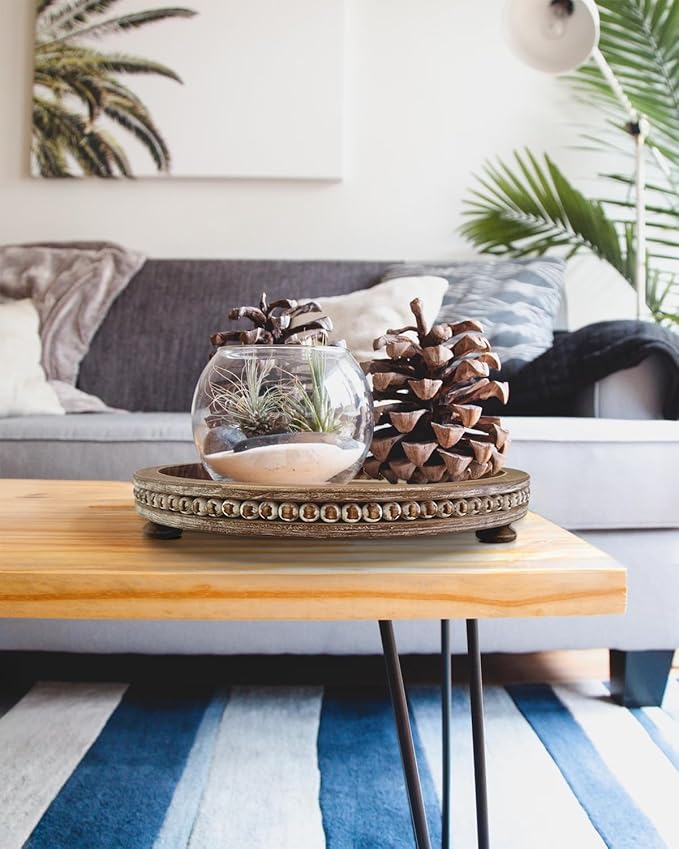12 Inches Rustic Wooden Decorative Tray, Small Round Beaded Wood Tray for Kitchen Dinning Table Centerpiece Decor Entryway Living Room Home Decor, Brown-CasaMuseHome