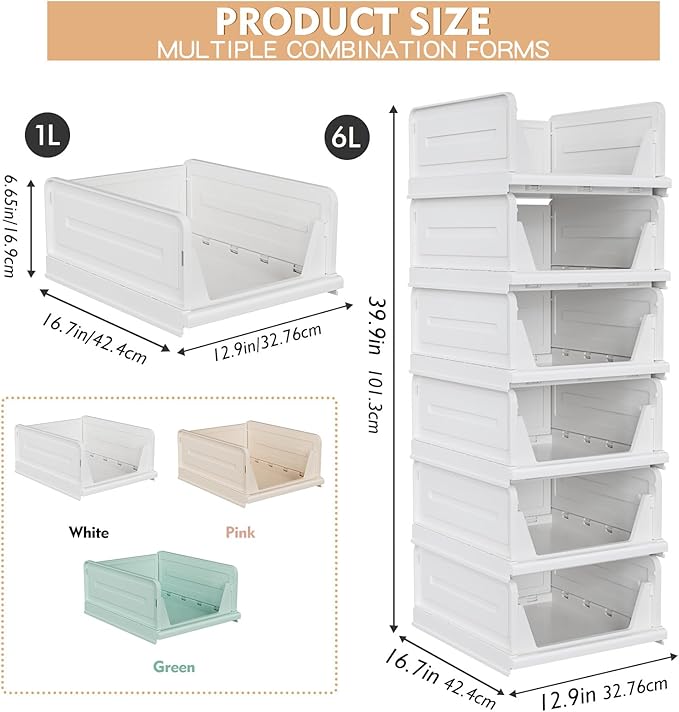 6 Pack Stackable Closet Storage Basket - Stackable Storage Bins, Multifunctional & Foldable Closet Organizer, Wardrobe Storage Space-Saving Clothes Storage Drawer Organizer, White-CasaMuseHome