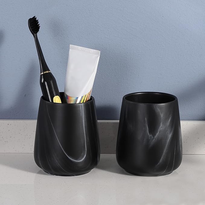 2Pcs Toothbrush Holder for Bathroom - Marble Black Ceramic Tooth Brushing Holders Set, Toothbrush Cup & Toothpaste Organizer for Bathroom Countertop, Makeup Brush Holder, Pen Holder for Home Storage-CasaMuseHome