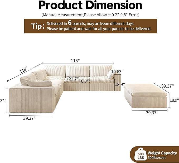 118" 6-Seater Cloud Sofa,Modular Sectional Couch with Ottoman,Modern Deep Seat Upholstered Couches with Plush Corduroy Fabric for Living Room Furniture,Bedroom and Apartment,No Assembly Required,White-CasaMuseHome