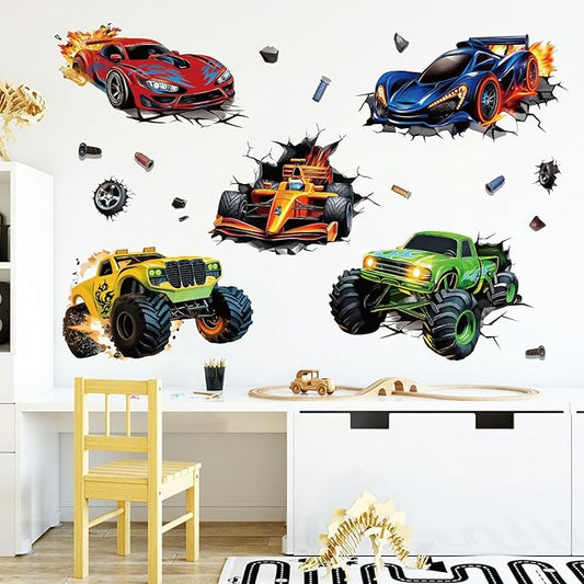 3D Racing Cars Wall Decals - Truck Bursting Through Wall, F1 Racing Cars Wall Stickers for Kids Room Boys Bedroom-CasaMuseHome