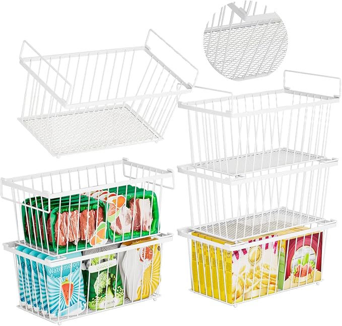 6 Pack Stackable Deep Freezer Organizer Bins ，Upgraded Bottom Leak-Proof net，Encryption and Hardening ， Freezer Organizer Bins for 5 to 9 Cu.FT Small Chest Freezer， Easy Get Bottom Foods-CasaMuseHome