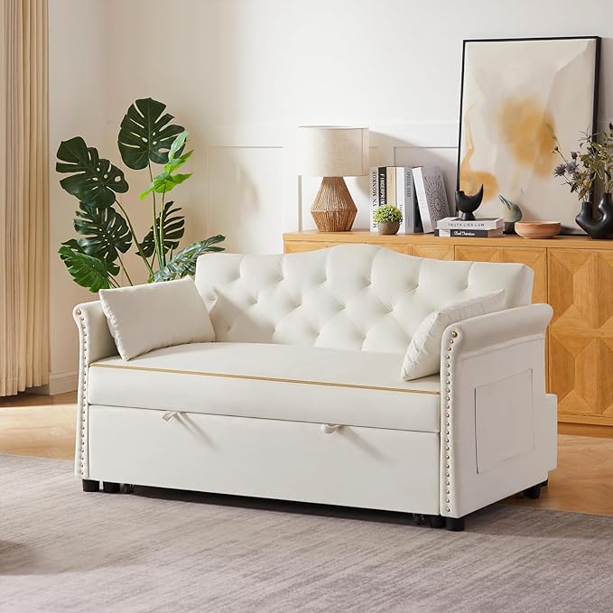 58" Velvet Sofa Bed, 3-in-1 Convertible Pull-Out Sleeper Sofa & Couch with Storage Bag and Adjustable Backrest,Perfect for Small Spaces, Living Room, or Office-CasaMuseHome