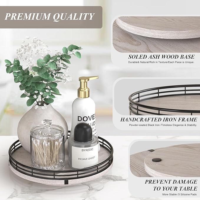 9" Wooden Lazy Susan Organizer for Cabinet, Turntable Round Decorative Tray for Kitchen Sink, Countertop Organizer, Bathroom Counter Organizer for Skincare Makeup, Rustic White-CasaMuseHome