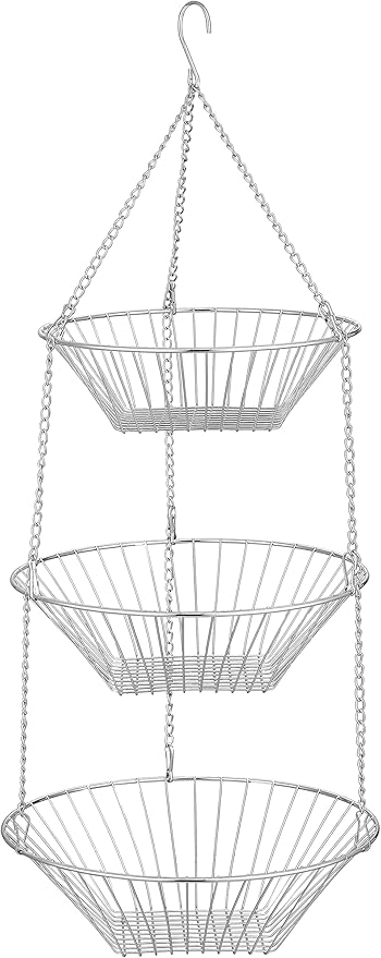 3-Tier Wire Fruit Hanging Basket 2 Packs, non-Punching Wall Hanging Storage, Kitchen Bathroom Organization Basket, Suitable for Bathroom, Kitchen, Closet, Garden, Chrome-CasaMuseHome