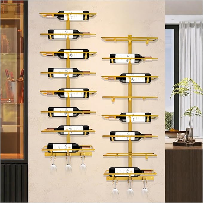 16 Bottle Wall Mount Wine Rack with Wine Glass Holder, Metal Wine Wall Rack, Wall Racks for Wine Bottles Display and Storage, Hanging Bottle Organizer for Living Dining Room Wine Cellar Bar (Gold)-CasaMuseHome